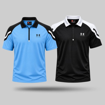 2pis Premium-Quality-Sports-zipper Polo-T-Shirt-Sky-black
